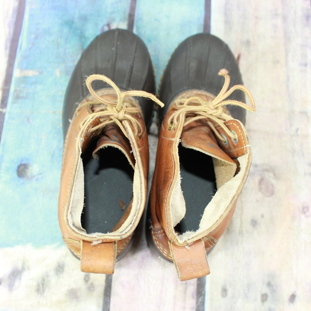 Vintage LL Bean Unlined Brown Leather Lace Up Leather Duck Boots Size 7 - Picture 6 of 9